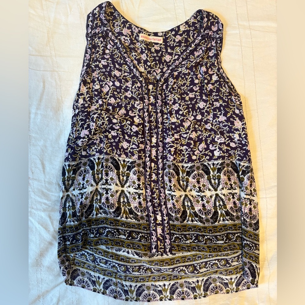 Rebecca Taylor Purple Floral Border-Print Sleeveless V-Neck Top